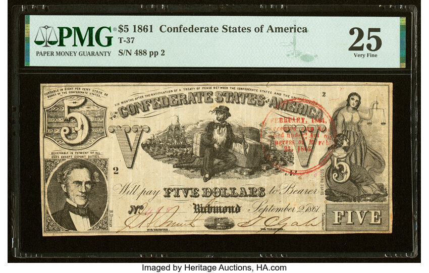 image for: Red Circular February Trans-Mississippi Stamp T37 $5 1861 PF-2 Cr. 285 PMG Very Fine 25....