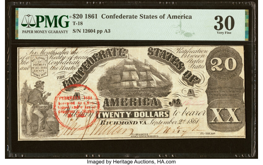 image for: Red Circular February Trans-Mississippi Stamp T18 $20 1861 PF-20 Cr. 129 PMG Very Fine 30....