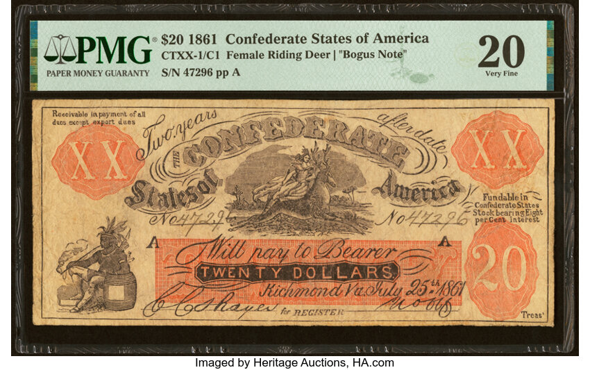 image for: CTXX-1/C1 $20 1861 Female Riding Deer Bogus Note PMG Very Fine 20....