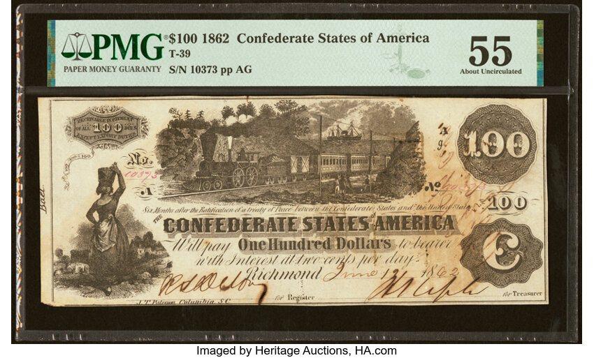 image for: Civil Agent Endorsement "W.T. Goodwin Deputy Collector" (Savannah) T39 $100 1862 PF-1 Cr. 300 PMG About Uncirculated 55....