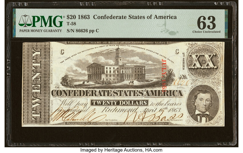 image for: T58 $20 1863 PF-24 Cr. 424 PMG Choice Uncirculated 63....