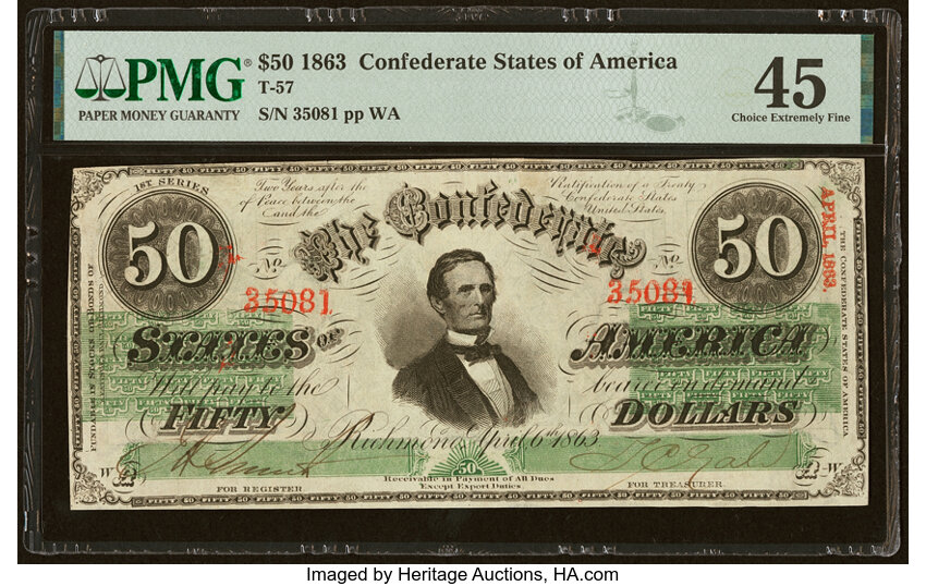 image for: T57 $50 1863 PF-3 State II Cr. UNL PMG Choice Extremely Fine 45....