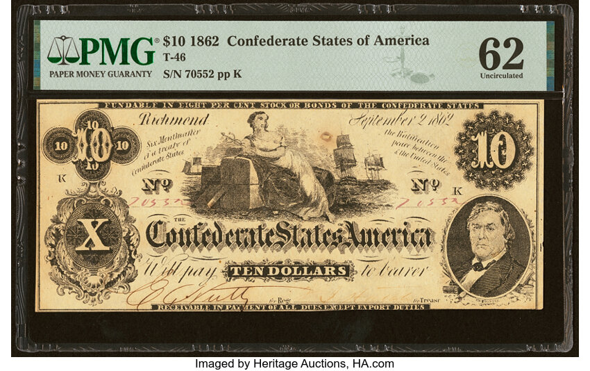 image for: T46 $10 1862 PF-2 Cr. 343 State I PMG Uncirculated 62....