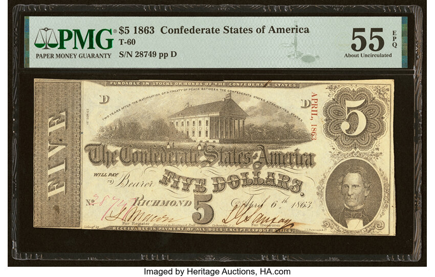 image for: T60 $5 1863 PF-4 Cr. 450 PMG About Uncirculated 55 EPQ....