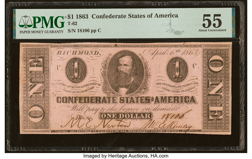 image for: T62 $1 1863 PF-1 State II Cr. 474 PMG About Uncirculated 55....