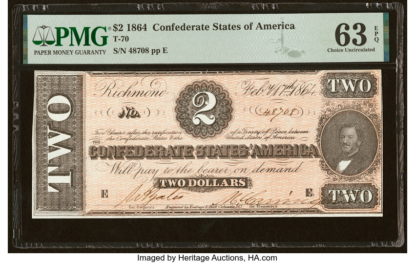 image for: T70 $2 1864 PF-UNL Cr. UNL PMG Choice Uncirculated 63 EPQ....
