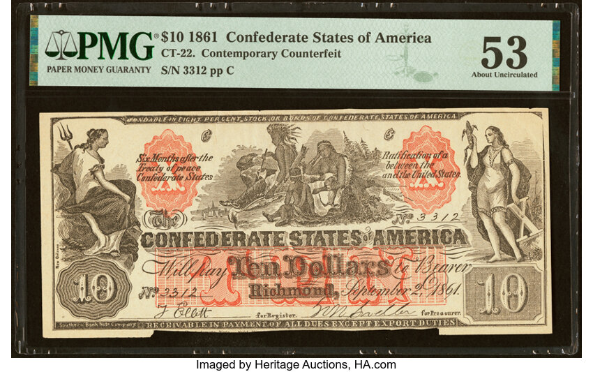 image for: CT22/152 Contemporary Counterfeit $10 1861 PMG About Uncirculated 53....