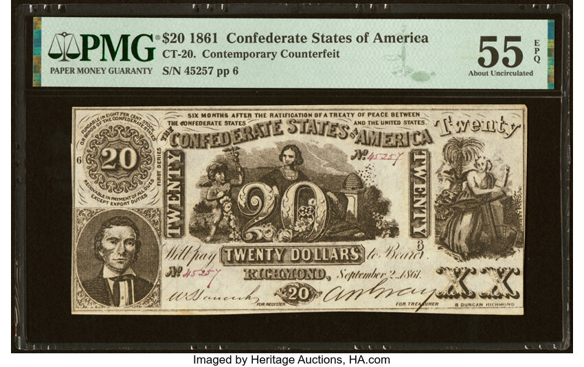 image for: "J Whatman, 1861" Watermarked CT20/141D Contemporary Counterfeit $20 1861 PMG About Uncirculated 55 EPQ....
