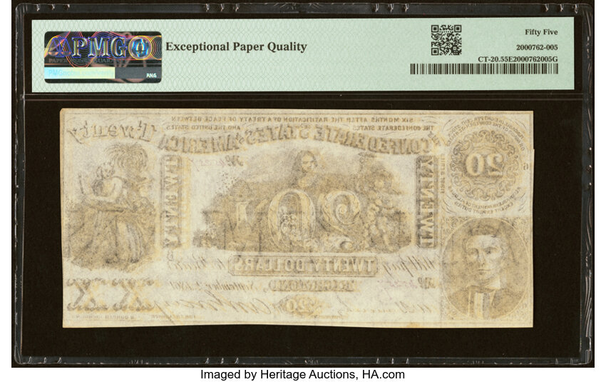 image for: "J Whatman, 1861" Watermarked CT20/141D Contemporary Counterfeit $20 1861 PMG About Uncirculated 55 EPQ....