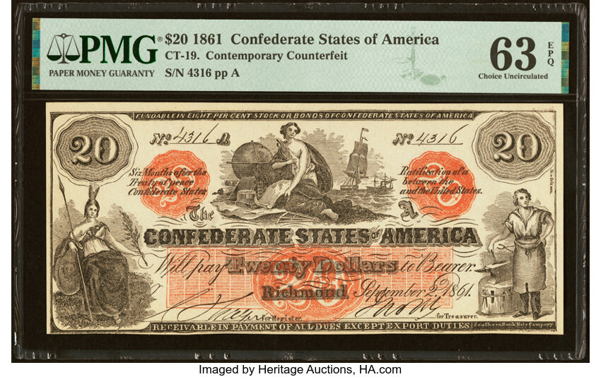 image for: CT19/137 Contemporary Counterfeit $20 1861 PMG Choice Uncirculated 63 EPQ....