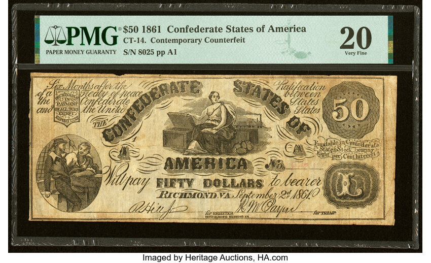 image for: CT14/75E Contemporary Counterfeit $50 1861 PMG Very Fine 20....