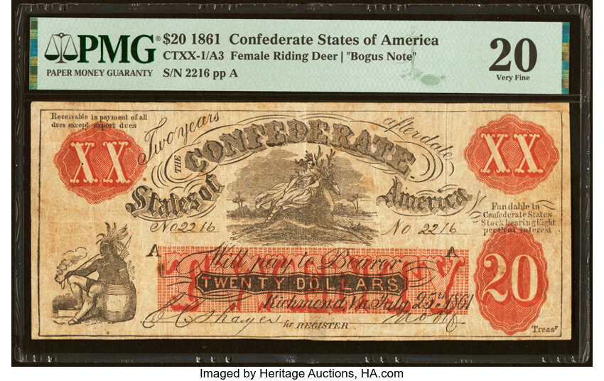 image for: CTXX-1/A3 $20 1861 Female Riding Deer Bogus Note PMG Very Fine 20....
