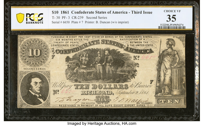 image for: T30 $10 1861 PF-3 Cr. 239 PCGS Banknote Choice Very Fine 35....