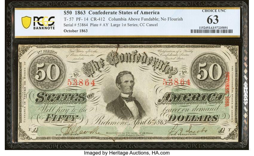 image for: T57 $50 1863 PF-14 Cr. 412 PCGS Banknote Choice Unc 63....