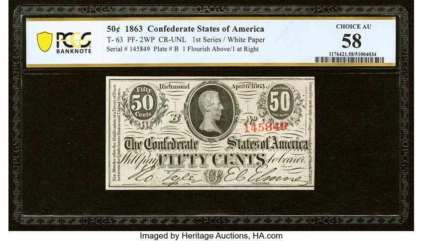 image for: T63 50 Cents 1863 PF-2WP Cr. UNL PCGS Banknote Choice About Unc 58....