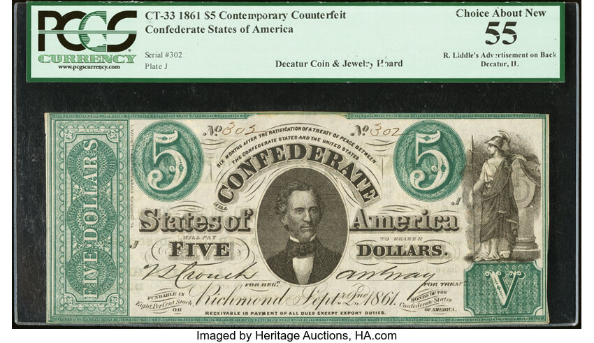 image for: CT33/250 Contemporary Counterfeit $5 1861 R. Liddle's Advertising Note PCGS Choice About New 55....