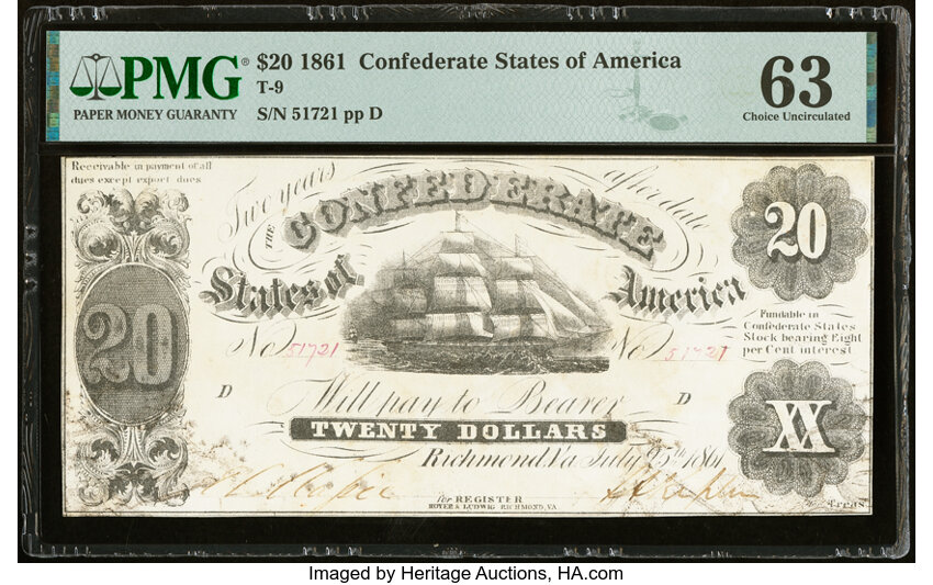 image for: Ink Smear Error T9 $20 1861 PF-12 Cr. 31 PMG Choice Uncirculated 63....