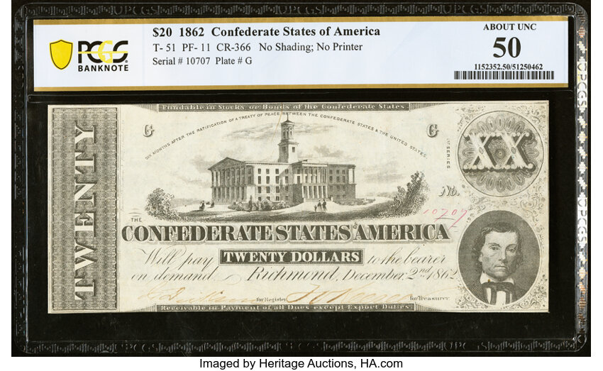 image for: T51 $20 1862 PF-11 Cr. 366 PCGS Banknote About Unc 50....