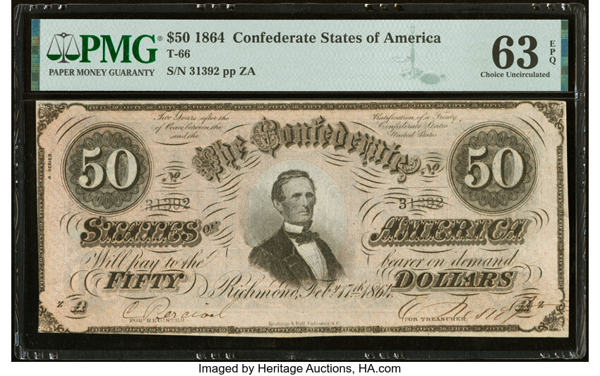 image for: T66 $50 1864 PF-8 Cr. 499 PMG Choice Uncirculated 63 EPQ....