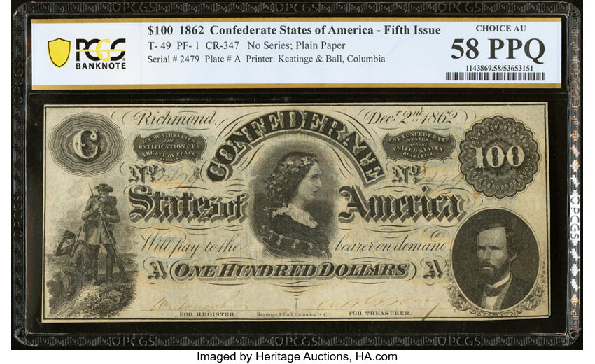 image for: T49 $100 1862 PF-1 Cr. 347 PCGS Banknote Choice AU 58 PPQ....