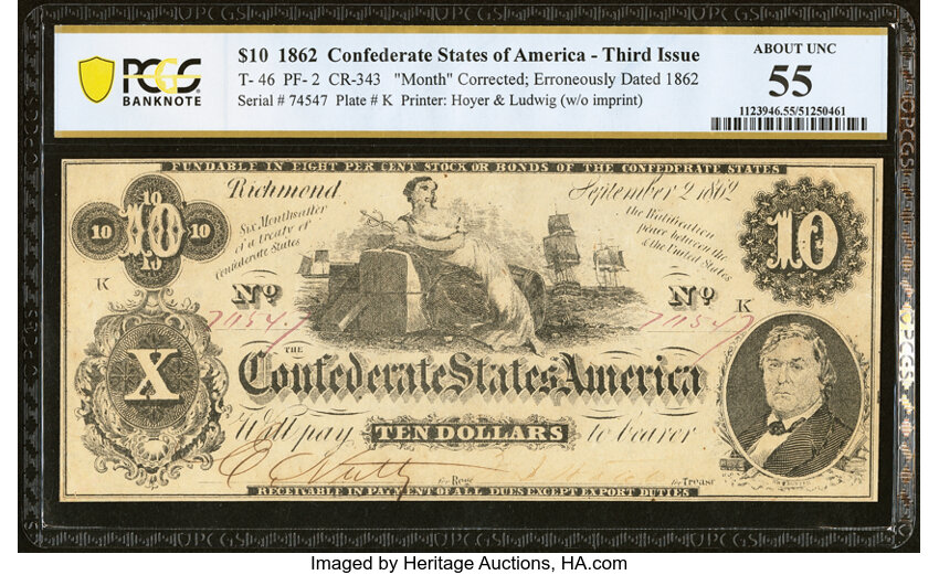 image for: T46 $10 1862 PF-2 Cr. 343 PCGS Banknote About Unc 55....