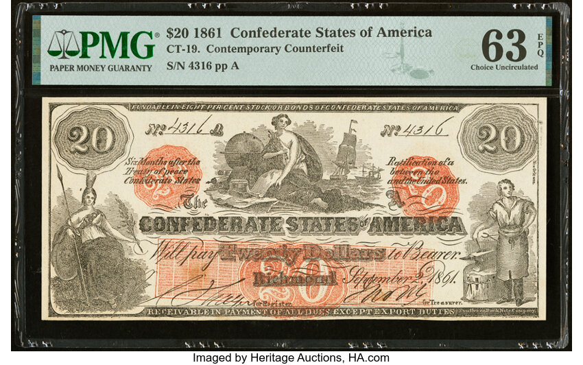image for: CT19/137 Counterfeit $20 1861 PMG Choice Uncirculated 63 EPQ....