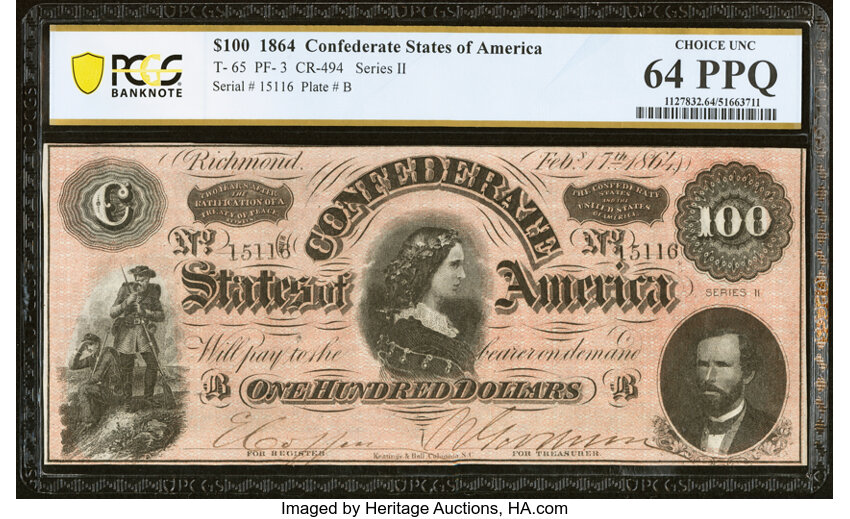 image for: T65 $100 1864 PF-3 Cr. 494 PCGS Banknote Choice Unc 64 PPQ....