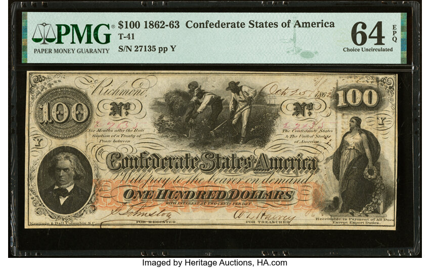 image for: Issued at Mobile, AL T41 $100 1862 PF-23 Cr. UNL PMG Choice Uncirculated 64 EPQ....