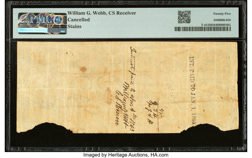 image for: Agent Endorsement "W.G. Webb C.S. Receiver" T41 $100 1862 PMG Very Fine 25....