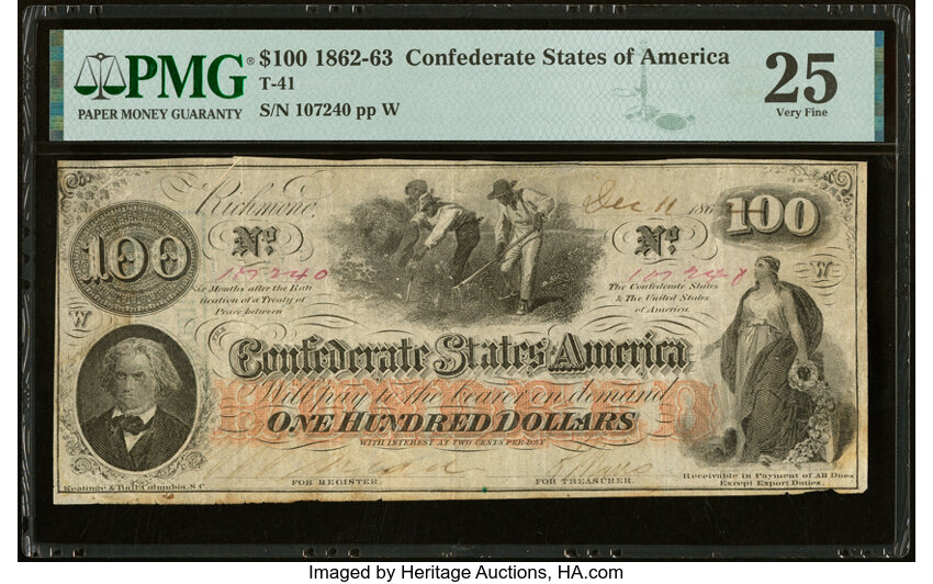 image for: Agent Endorsement "Francis Poe, Agent Produce Loan" T41 $100 1862 PF-25 Cr. 318A PMG Very Fine 25....