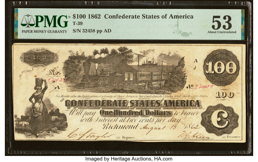 image for: Military Endorsement "B(enjamin) Bloomfield Maj. & c." T39 $100 1862 PF-13 Cr. 296 PMG About Uncirculated 53....