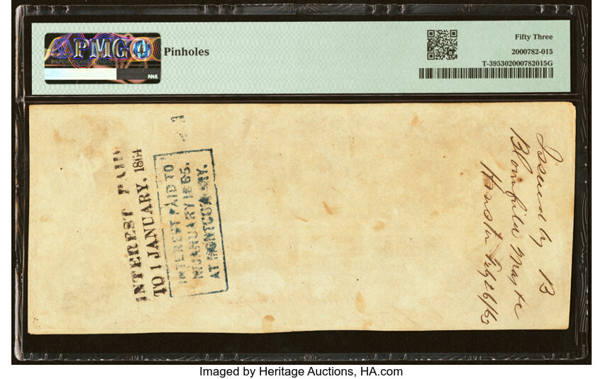 image for: Military Endorsement "B(enjamin) Bloomfield Maj. & c." T39 $100 1862 PF-13 Cr. 296 PMG About Uncirculated 53....