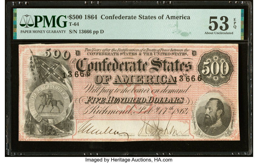 image for: T64 $500 1864 PF-2 Cr. 489 PMG About Uncirculated 53 EPQ....