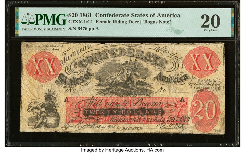 image for: CTXX-1/C1 $20 1861 Female Riding Deer Bogus Note PMG Very Fine 20....