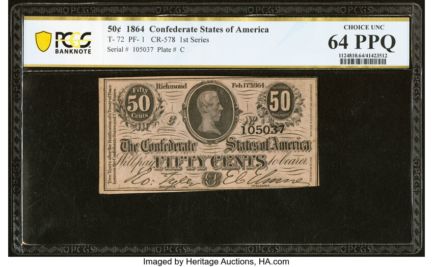 image for: T72 50 Cents 1864 PF-1 Cr. 578 PCGS Banknote Choice Unc 64 PPQ....