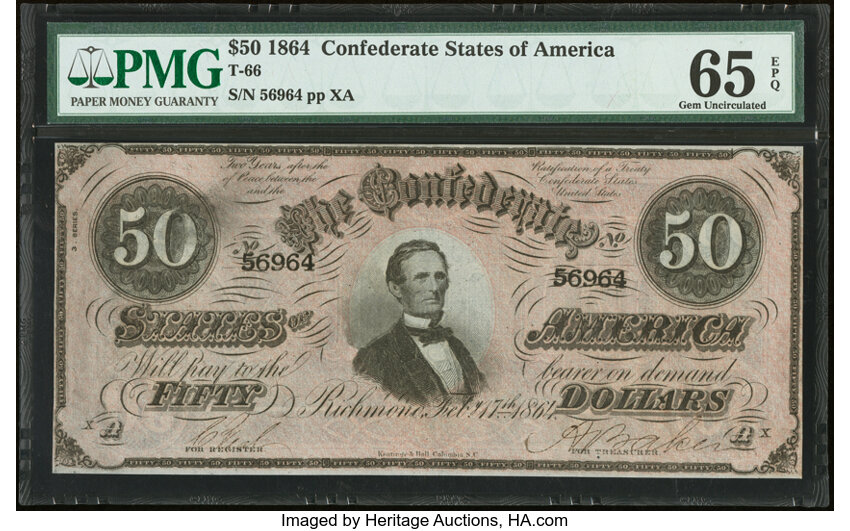 image for: T66 $50 1864 PF-5 Cr. 498 PMG Gem Uncirculated 65 EPQ....