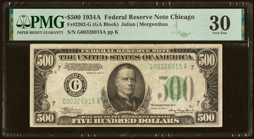 image for: Fr. 2202-G $500 1934A Federal Reserve Note. PMG Very Fine 30....
