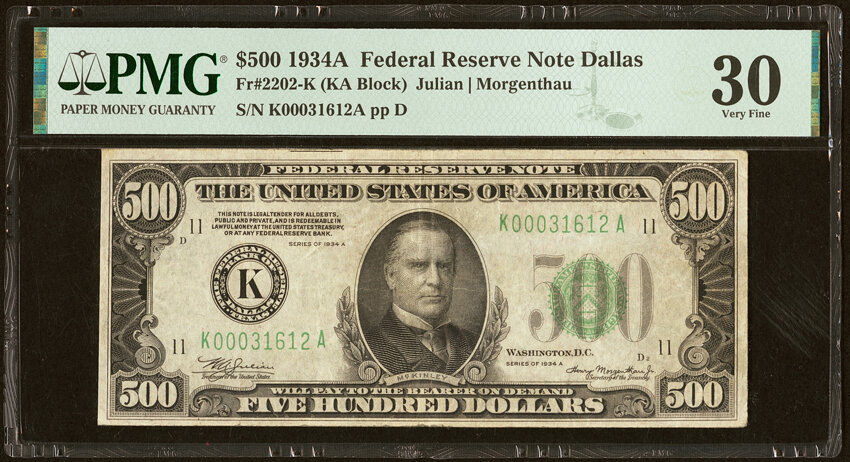 image for: Fr. 2202-K $500 1934A Federal Reserve Note. PMG Very Fine 30....