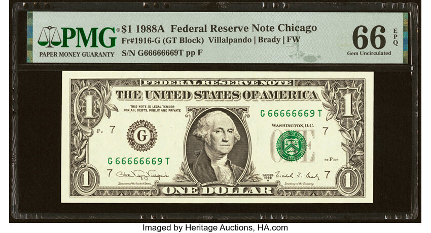 image for: Near Solid Serial Number 66666669 Fr. 1916-G $1 1988A Federal Reserve Note. PMG Gem Uncirculated 66 EPQ....