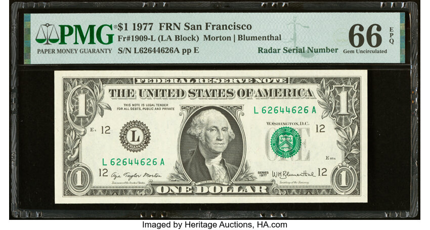image for: Radar Serial Number 62644626 Fr. 1909-L $1 1977 Federal Reserve Note. PMG Gem Uncirculated 66 EPQ....