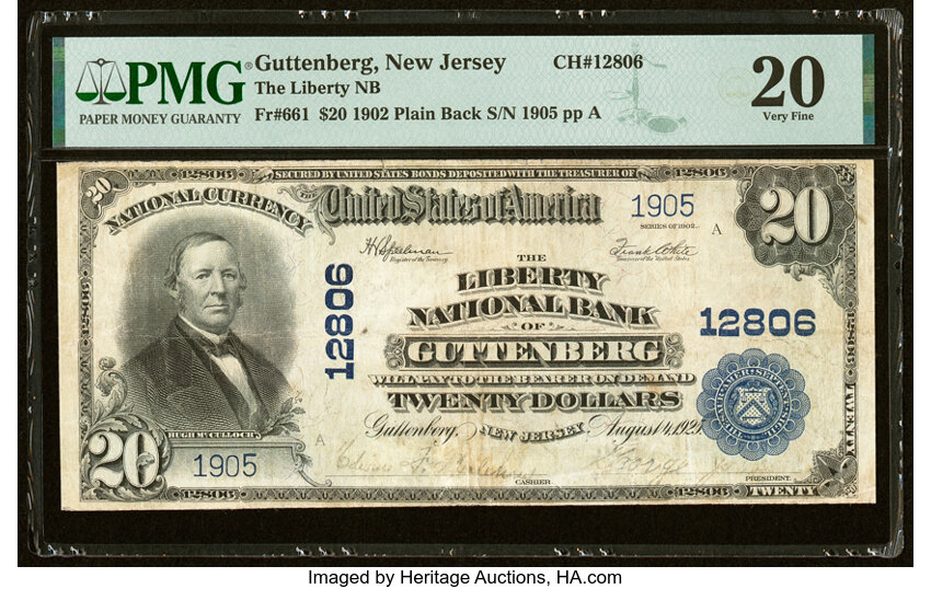 image for: Guttenberg, NJ - $20 1902 Plain Back Fr. 661 Liberty National Bank Ch. # 12806 PMG Very Fine 20....