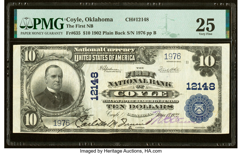 image for: Coyle, OK - $10 1902 Plain Back Fr. 635 The First National Bank Ch. # 12148 PMG Very Fine 25....