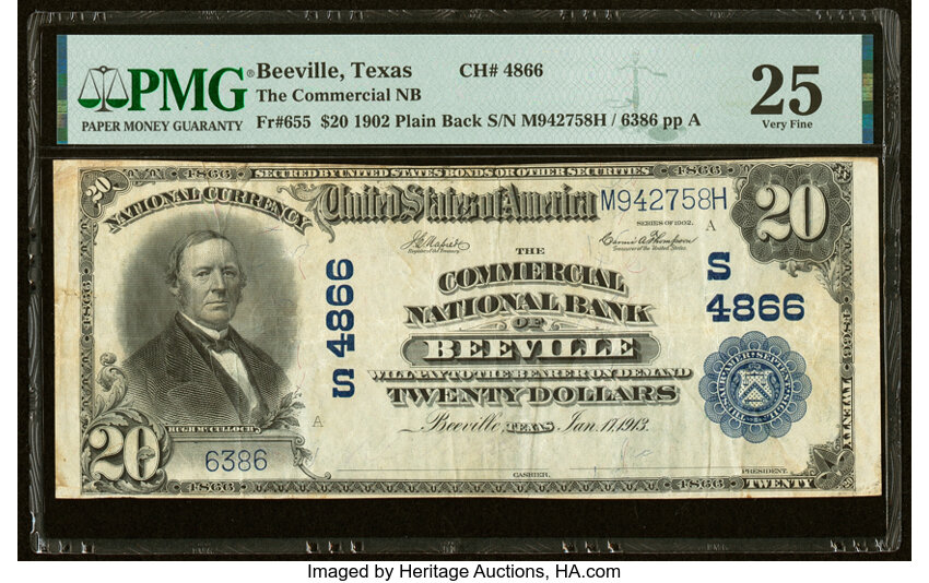 image for: Beeville, TX - $20 1902 Plain Back Fr. 655 The Commercial National Bank Ch. # (S)4866 PMG Very Fine 25....