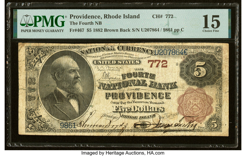 image for: Providence, RI - $5 1882 Brown Back Fr. 467 The Fourth National Bank Ch. # 772 PMG Choice Fine 15....