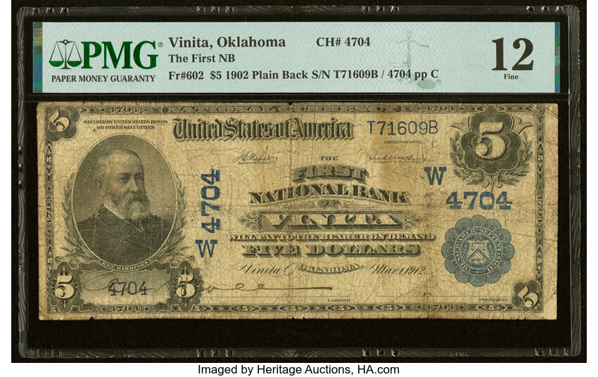 image for: Vinita, OK - $5 1902 Plain Back Fr. 602 The First National Bank Ch. # (W)4704 PMG Fine 12....
