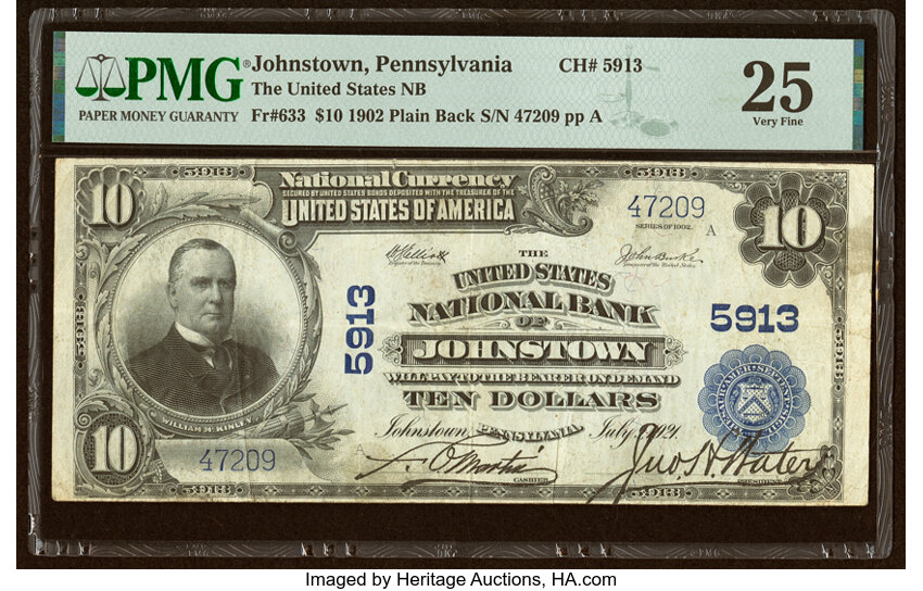 image for: Johnstown, PA - $10 1902 Plain Back Fr. 633 The United States National Bank Ch. # 5913 PMG Very Fine 25....