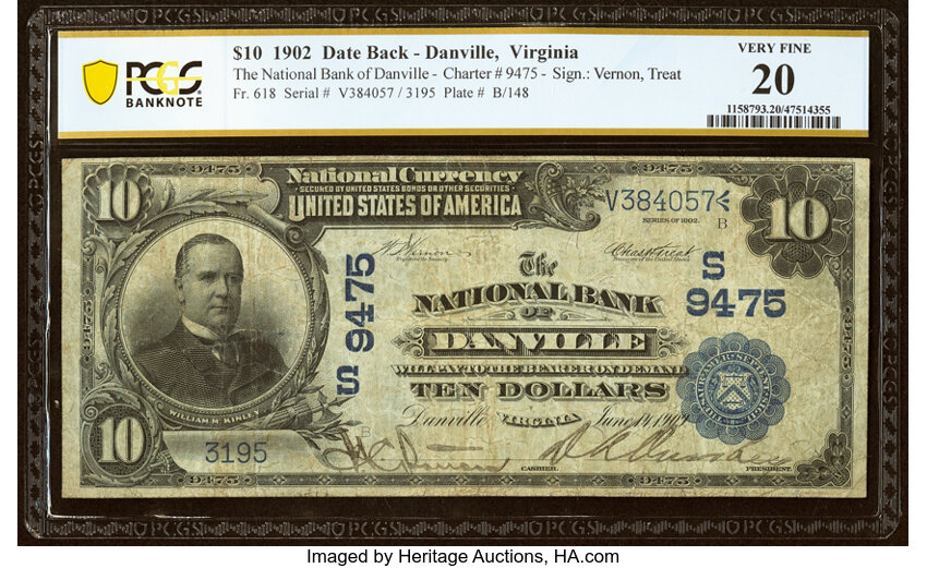 image for: Danville, VA - $10 1902 Date Back Fr. 618 The National Bank of Danville Ch. # (S)9475 PCGS Banknote Very Fine 20....