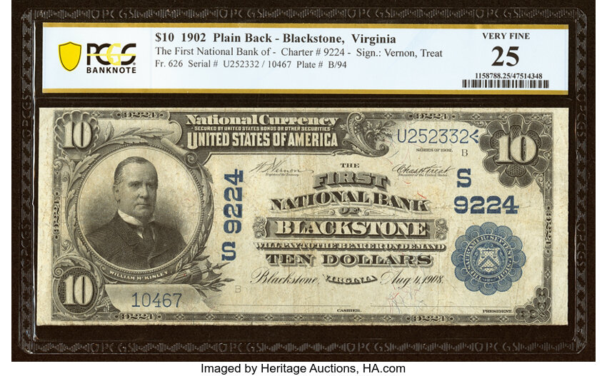 image for: Blackstone, VA - $10 1902 Plain Back Fr. 626 The First National Bank Ch. # (S)9224 PCGS Banknote Very Fine 25....