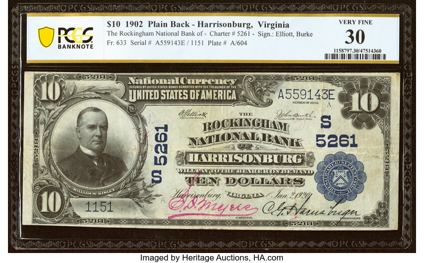 image for: Harrisonburg, VA - $10 1902 Plain Back Fr. 633 The Rockingham National Bank Ch. # (S)5261 PCGS Banknote Very Fine 30....