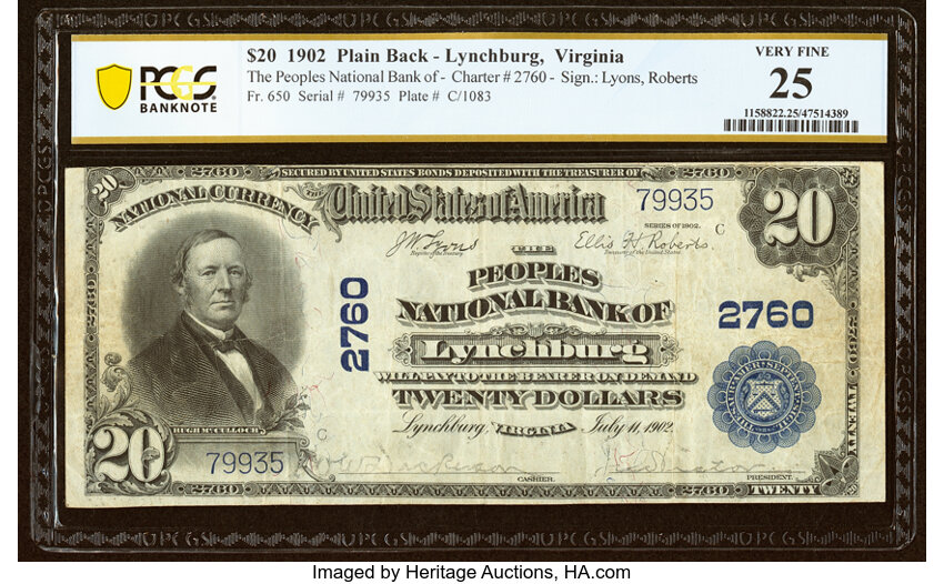 image for: Lynchburg, VA - $20 1902 Plain Back Fr. 650 The Peoples National Bank Ch. # 2760 PCGS Banknote Very Fine 25....